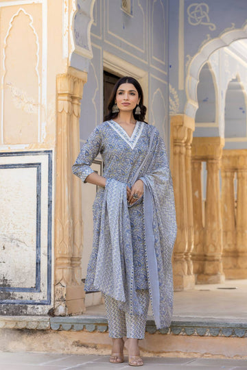 Varanga Women Grey Embroidered V Neck Kurta With Printed Bottom And Dupatta